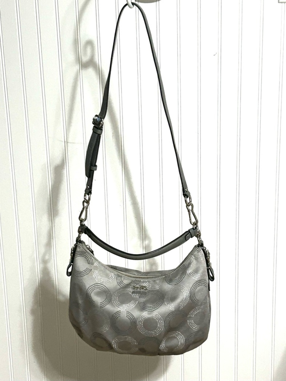 COACH “Maddison”  Dotted Op Art Convertible Hobo, Style F15929, Silver - Picture 3 of 16